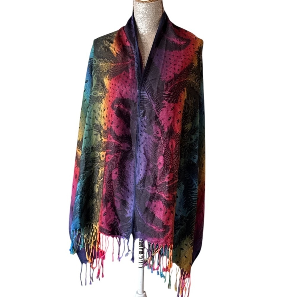 Peacock Feather Rainbow Pashmina Shawl Wrap Scarf Fringe Size OS - Picture 6 of 11